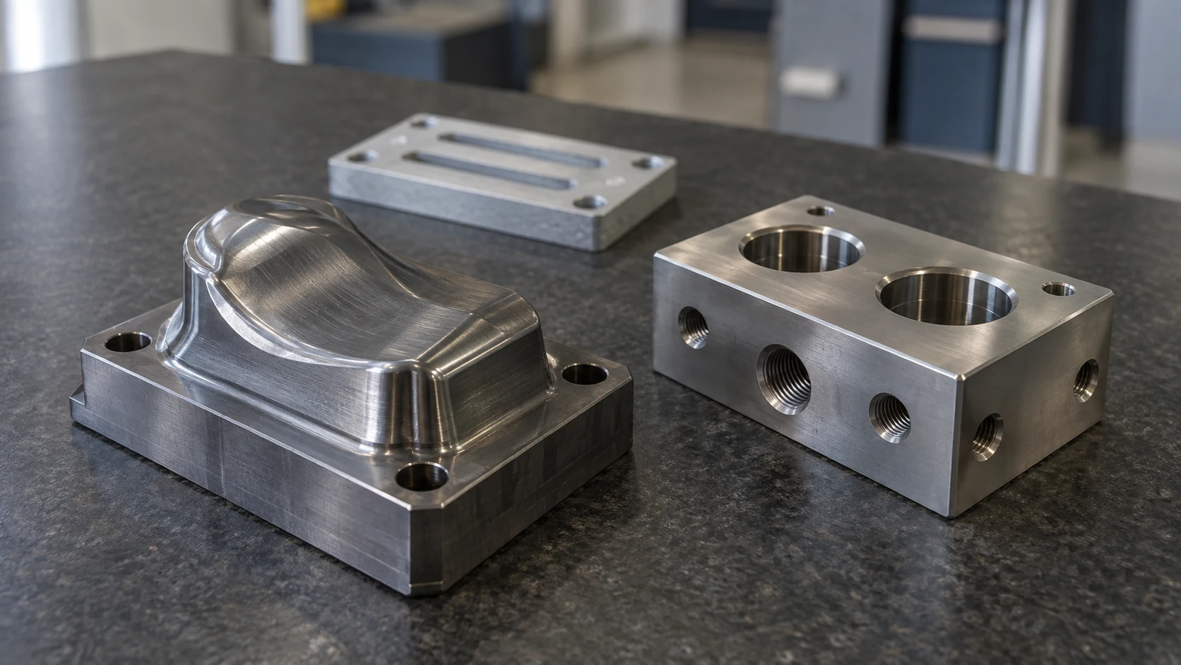 Inserto stampo fresato e blocco metallico con forature funzionali su banco di misura